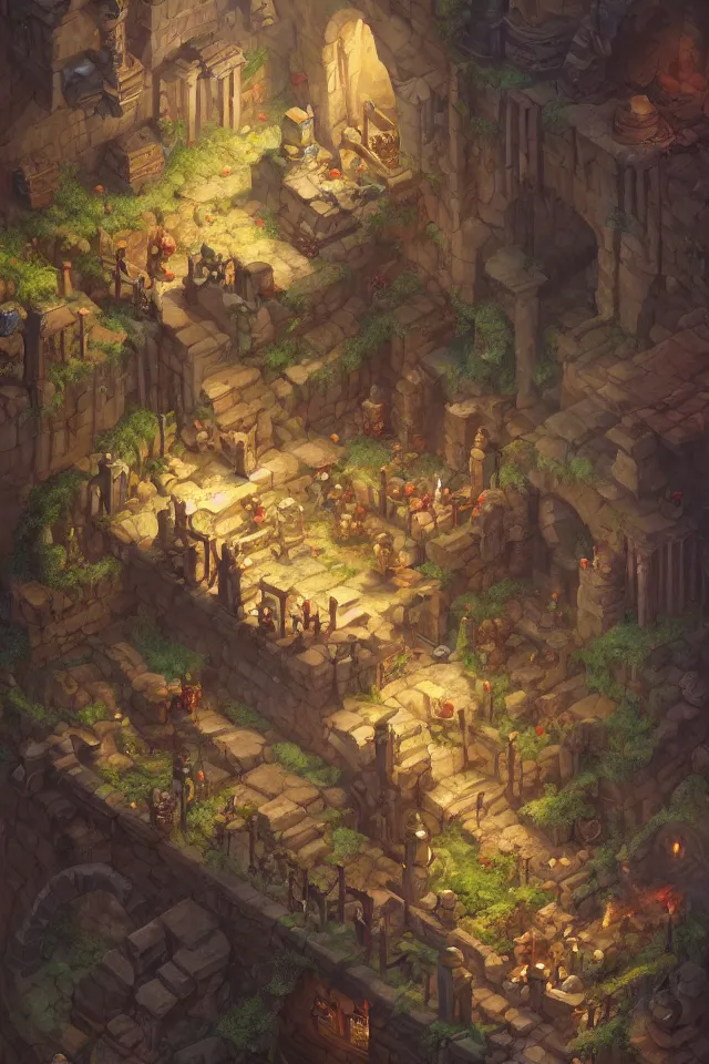 Image similar to a digital painting of an isometric fantasy medieval dungeon by justin gerard, paul bonner, highly detailed, volumetric lighting, digital art, isometric, artstation hd