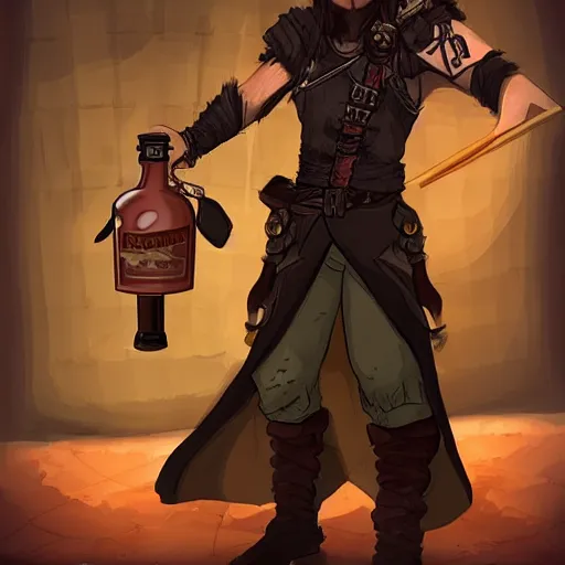Prompt: DND concept character tan mercenary rogue, with long black hair, leather armor, possessed by a demon, holding a bottle of whisky