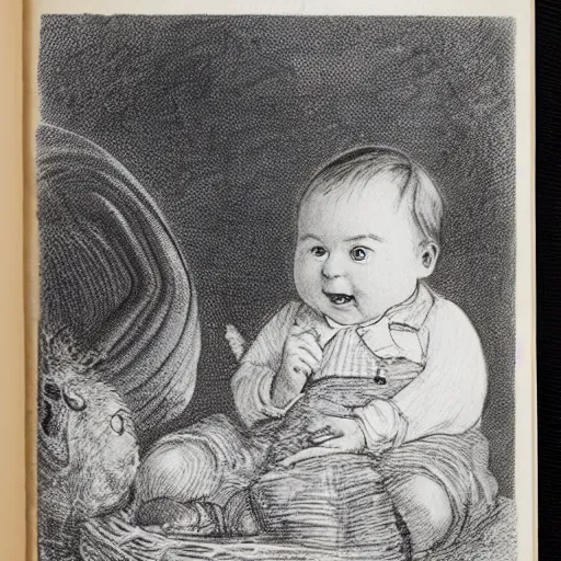 Image similar to candid portrait of baby faced white ball smiling wide, surrounded by clouds, illustrated by peggy fortnum and beatrix potter and sir john tenniel