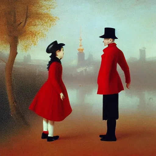 Prompt: A thin man in a black coat and bowler hat talks with small young girl dressed in a red coat and a red hat, park, autumn, Berlin, in style of Ivan aivazovsky, wide angle, high detail, width 768