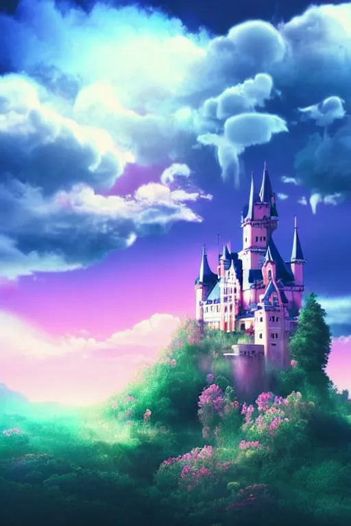 Image similar to beatiful castle in the clouds, romantic, atmospheric, wide shot, vaporwave colors