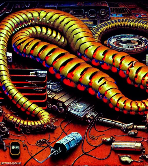 Prompt: junky boa constrictor, cybertronic gadgets and, flesh + technology, durty colours, night, rotten textures, rusty shapes, biotechnology, norman rockwell, tim hildebrandt, wayne barlow, bruce pennington, larry elmore, oil on canvas, deep depth field, masterpiece, cinematic composition, hyper - detailed, hd, hdr