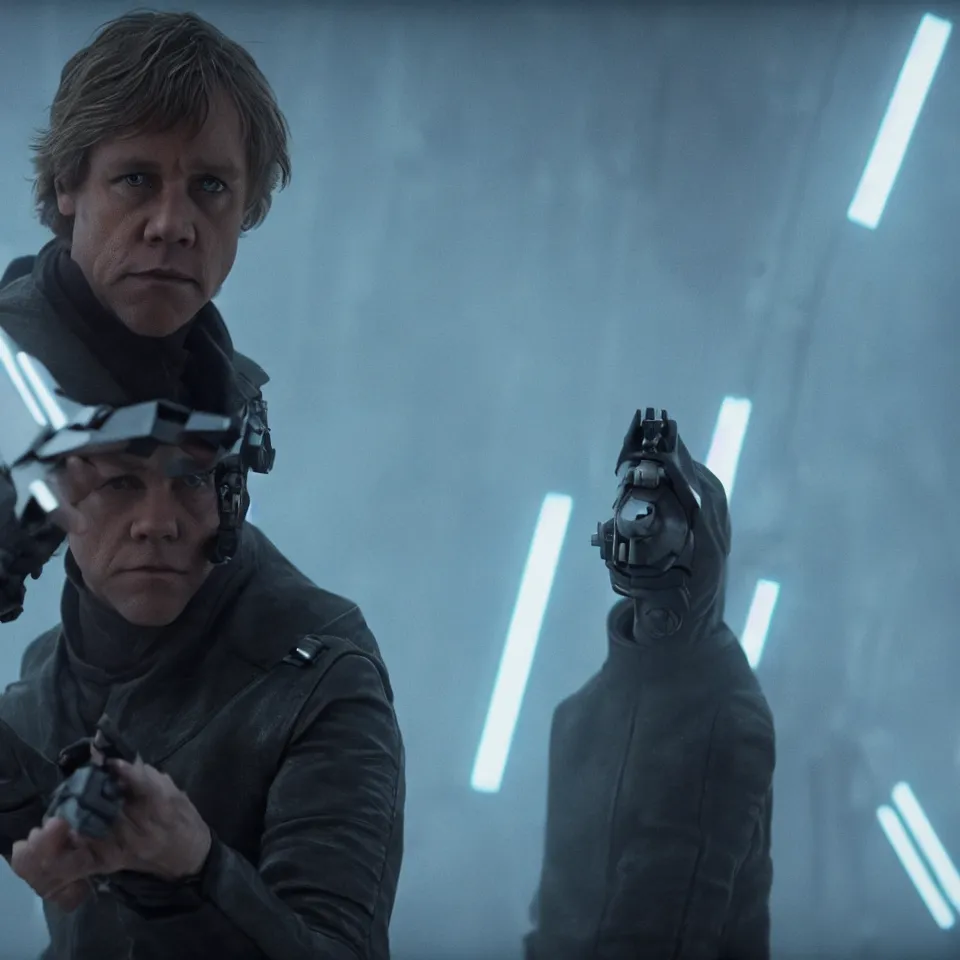 Prompt: Harrowing Luke Skywalker wearing cyber gadgets in the style of Blade Runner 2049 (2017), without his lightsaber. Clear Hands. Black Clothes. Steampunk Background. Cinematic. Professional Photo. UHD. 8k. Clear Face.