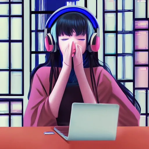 Image similar to a digital painting of a frowning beautiful anime girl with long silver hair with headphones and a face mask in coffeeshop working on her laptop, digital art, backlight, ilya kuvshinov, high detail, blue anime eyes