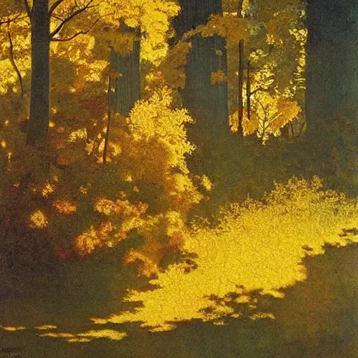 Prompt: Painting of a forest, by Maxfield Parrish, autumn, beautiful, extremely detailed