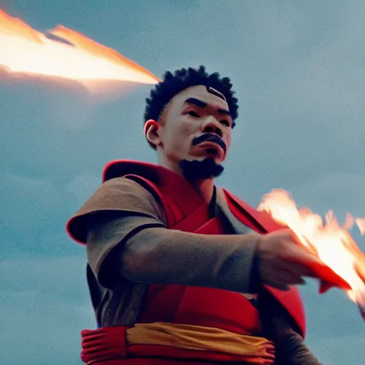 Image similar to cinematic film still of Chance The Rapper starring as a Samurai holding fire, Japanese CGI, VFX, 2022, 40mm lens, shallow depth of field, film photography