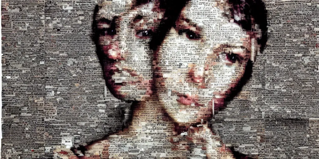 Image similar to beautiful portrait of a woman made up of images cut out of a magazine, contrast, texture,