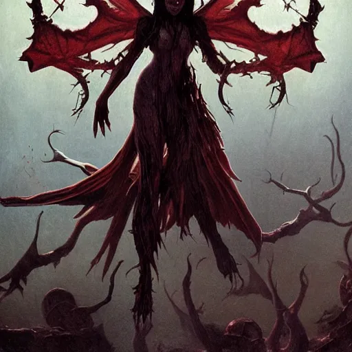 Image similar to 'The Evil Satanic Tooth-Fairy Demon Goddess is pulling your strings twisting your mind and smashing your dreams, fullbody, intricate, horror, fantasy horror, dungeons & dragons, highly detailed, artstation, concept art, smooth, sharp focus, illustration, art by greg rutkowski and orientalism and bouguereau and Zdzislaw Beksinski, good clear quality, lighting, biology, symmetrical artwork, perfect face, 135 mm, cinematic, hyper realism, high detail, octane render, 8k, chrome accents'