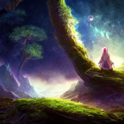 Image similar to a beautiful scenary of a fantasy world below a legendary yggdrasil tree with the background of a milky way, artstationHD, digital painting, hyper detail, elegant, cinematic, epic lighting, very very very very beautiful scenery, smooth, sharp focus