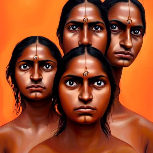 Prompt: a painting of a terrified brown woman with three brown men in background, hyperrealistic faces, detailed digital art, aesthetic!, trending on artstation,