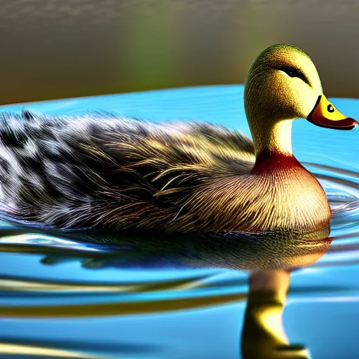 Image similar to furry duck in iridescent water, volumetric light, high detail, photorealistic
