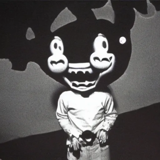Prompt: a unsettling image of a happy childrens tv show, eerie, spooky photo, 1 9 8 0 s photo