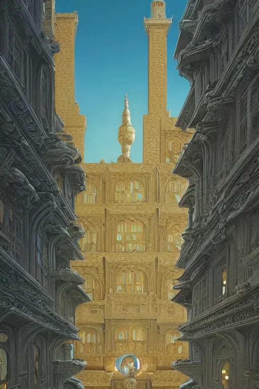 Image similar to ancient silver tower of the moon, distance view, fairytale illustration, elaborate carved latticed balconies, tall windows, moorish architecture, formal gardens, dramatic cinematic lighting, soft colors, golden age illustrator, unreal engine, by Andreas Rocha and Ludwig Deutsch and (Maxfield Parrish)