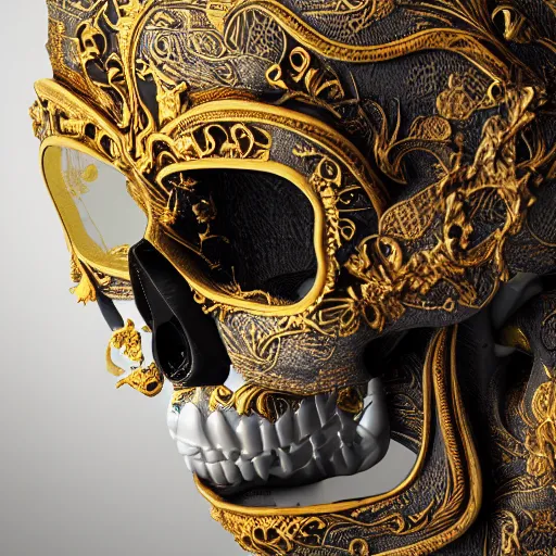 Prompt: translucent porcelain skull with gold fillagree, ornate, intricate, hyper detailed, masterpiece, 4 k, octane render