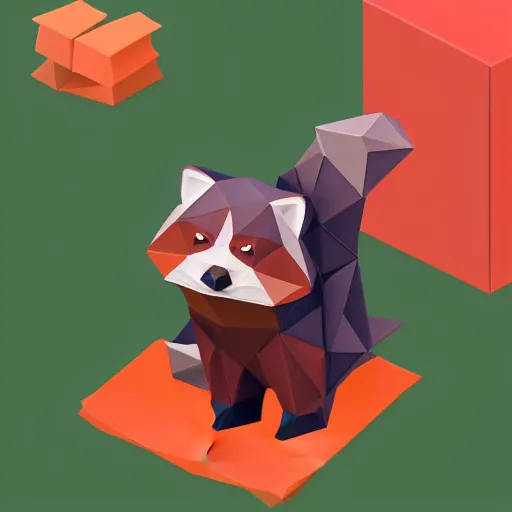 Image similar to isometric cute low - poly red panda playing with a low - poly raccoon