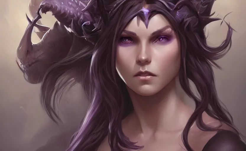 Image similar to Attractive Tiefling Druid, She has light brown skin, dark purple hair, and silver eyes full body, dungeons and dragons portrait, highly detailed, digital painting, artstation, concept art, sharp focus, illustration, art by artgerm and greg rutkowski and alphonse mucha