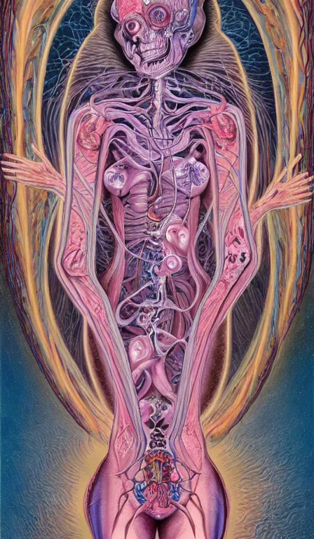 Image similar to a biomorphic painting of the high priestess tarot card, a anatomical medical illustration by nychos and alex grey, cgsociety, neo - figurative, pastel blues and pinks, detailed painting, rococo, oil on canvas, lovecraftian