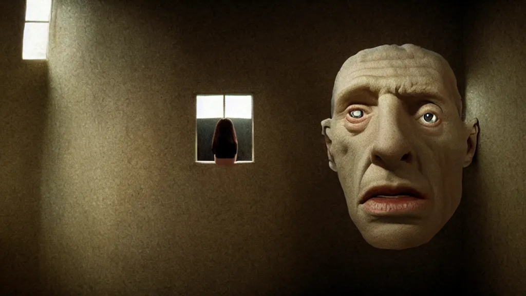 Prompt: the giant head inside the upside down house, film still from the movie directed by denis villeneuve and david cronenberg, with art direction by salvador dali, wide lens