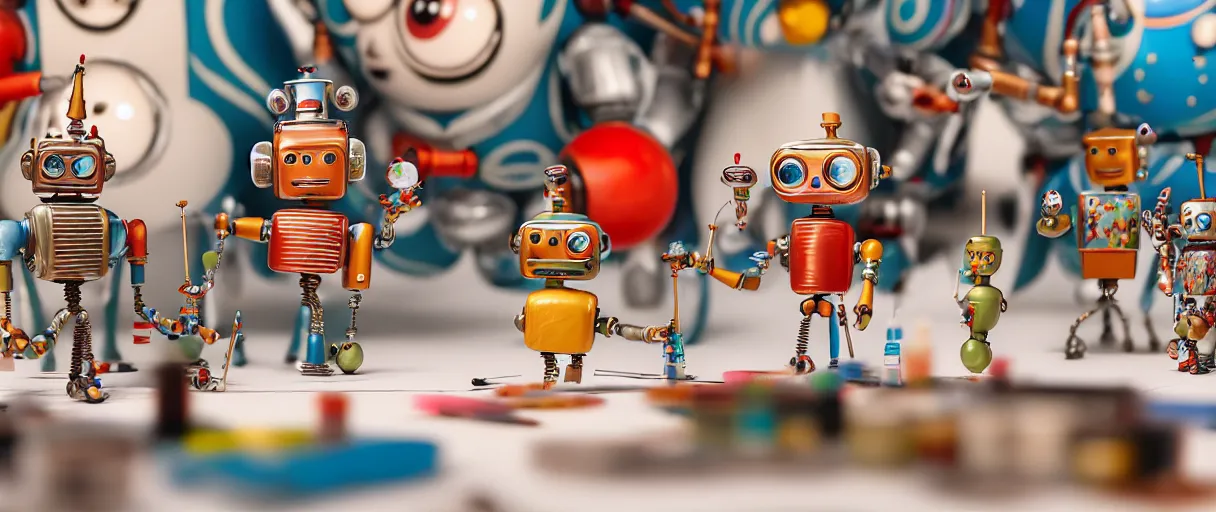 Image similar to closeup portrait of tin toy retro robots painters mixing gouache on white paper table in an artist workshop, depth of field, zeiss lens, detailed, centered, fashion photoshoot, by nicoletta ceccoli, mark ryden, lostfish, breathtaking, 8 k resolution, extremely detailed, beautiful, establishing shot, artistic, hyperrealistic, octane render