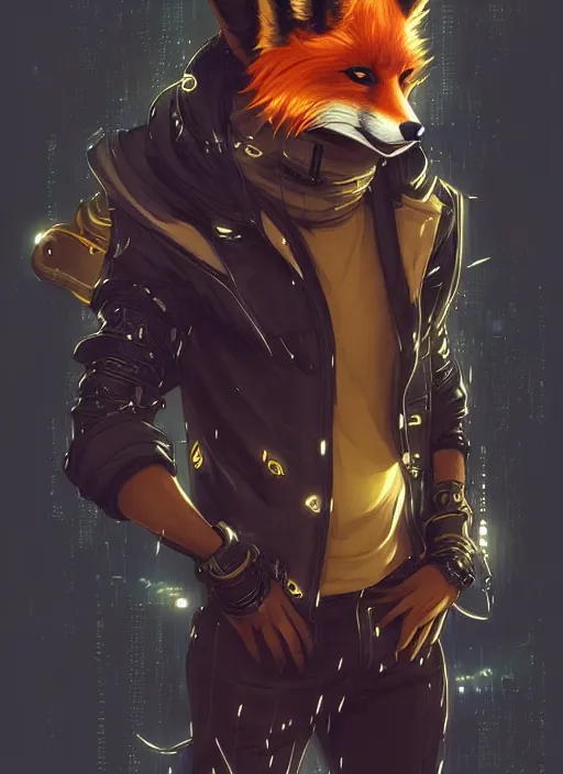 Image similar to award winning beautiful portrait commission of a male furry anthro melanated fox fursona with a tail and a cute beautiful attractive detailed furry face wearing stylish black and gold cyberpunk clothes in a cyberpunk city at night while it rains. Character design by charlie bowater, ross tran, artgerm, and makoto shinkai, detailed, inked, western comic book art