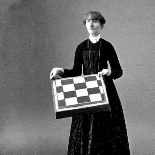 Prompt: An Edwardian woman posing with a chessboard in the style of Tove Jansson