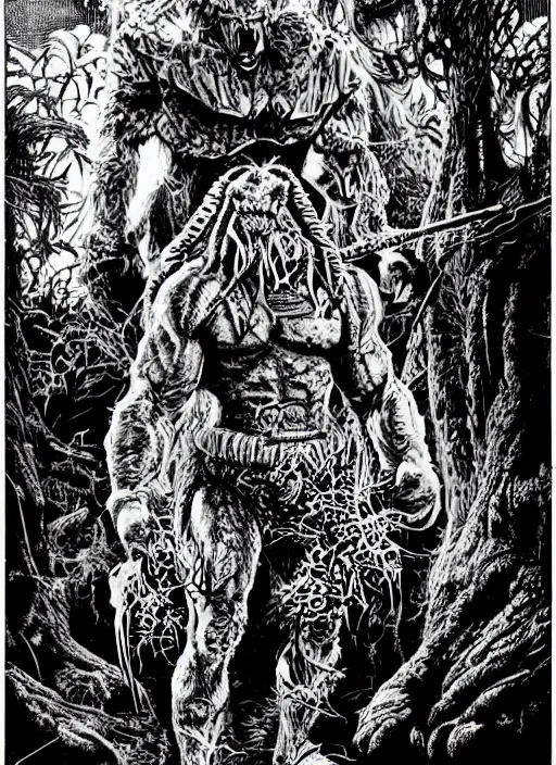 Prompt: the predator as a D&D monster, full body, pen-and-ink illustration, etching, by Russ Nicholson, DAvid A Trampier, larry elmore, 1981, HQ scan, intricate details, Monster Manula, Fiend Folio