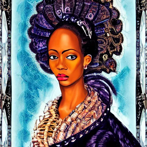 Prompt: hyperdetailed maximalist elaborate half - lenght portrait of a futuristic a beautiful black girl, wearing long clothing. rococo architecture, in the style of modigliani and mixed media collage. matte background hd 8 x