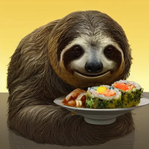 Image similar to detailed science - fiction character portrait of a sloth eating sushi, intricate, wild, highly detailed, digital painting, artstation, concept art, smooth, sharp focus, illustration, art by artgerm and greg rutkowski and alphonse mucha