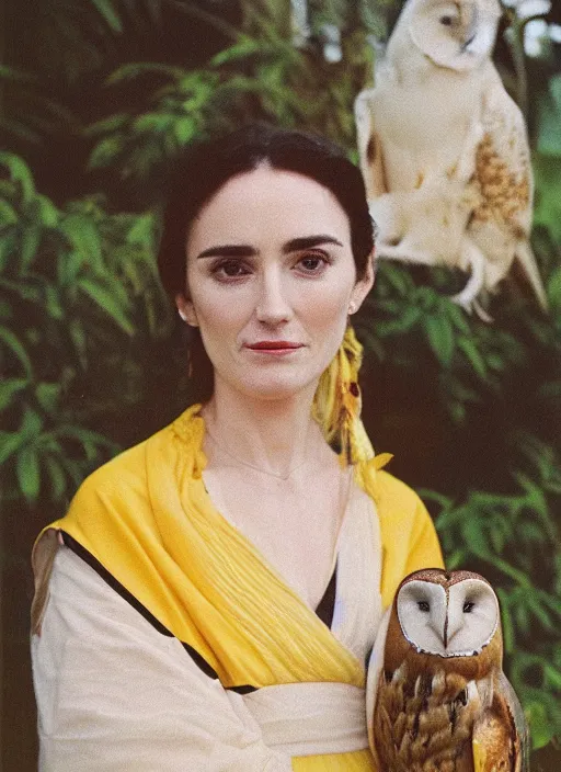 Prompt: head to shoulder portrait Polaroid film photograph of an elegant lovely woman wearing a yellow kimono with a very detailed barn owl on her shoulder!!! in a tropical greenhouse. looking at the camera!!. slight smile. super resolution. Extremely detailed. face like Jennifer Connelly. Pre - raphaelit .Polaroid 600 film.by WLOP.