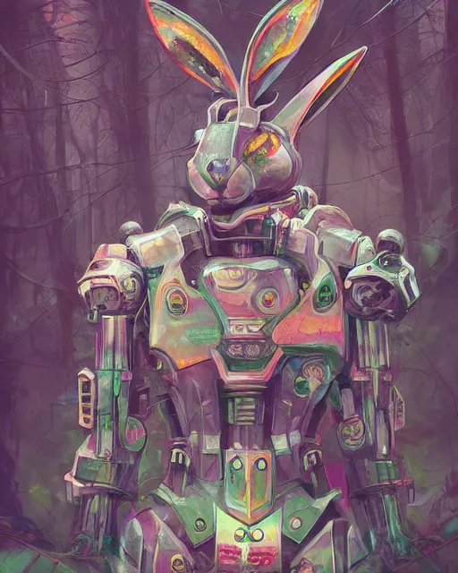 Image similar to mecha rabbit in wonderland, highly detailed, concept art, scifi, bizarre, abstract, colorful, forest, sharp focus, trending on artstation, intricate, atmosphere, art by roman makarenko, dzung phung dinh