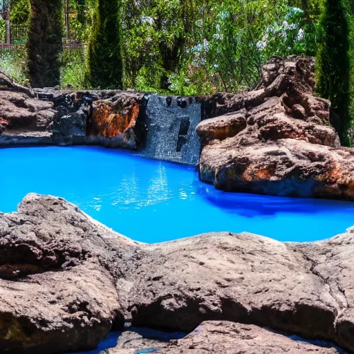 Image similar to A photo of a blue beautiful pool in the middle of hell in 85mm lense, artistic, highly realistic, super detailed, very very detailed, very ahestetic