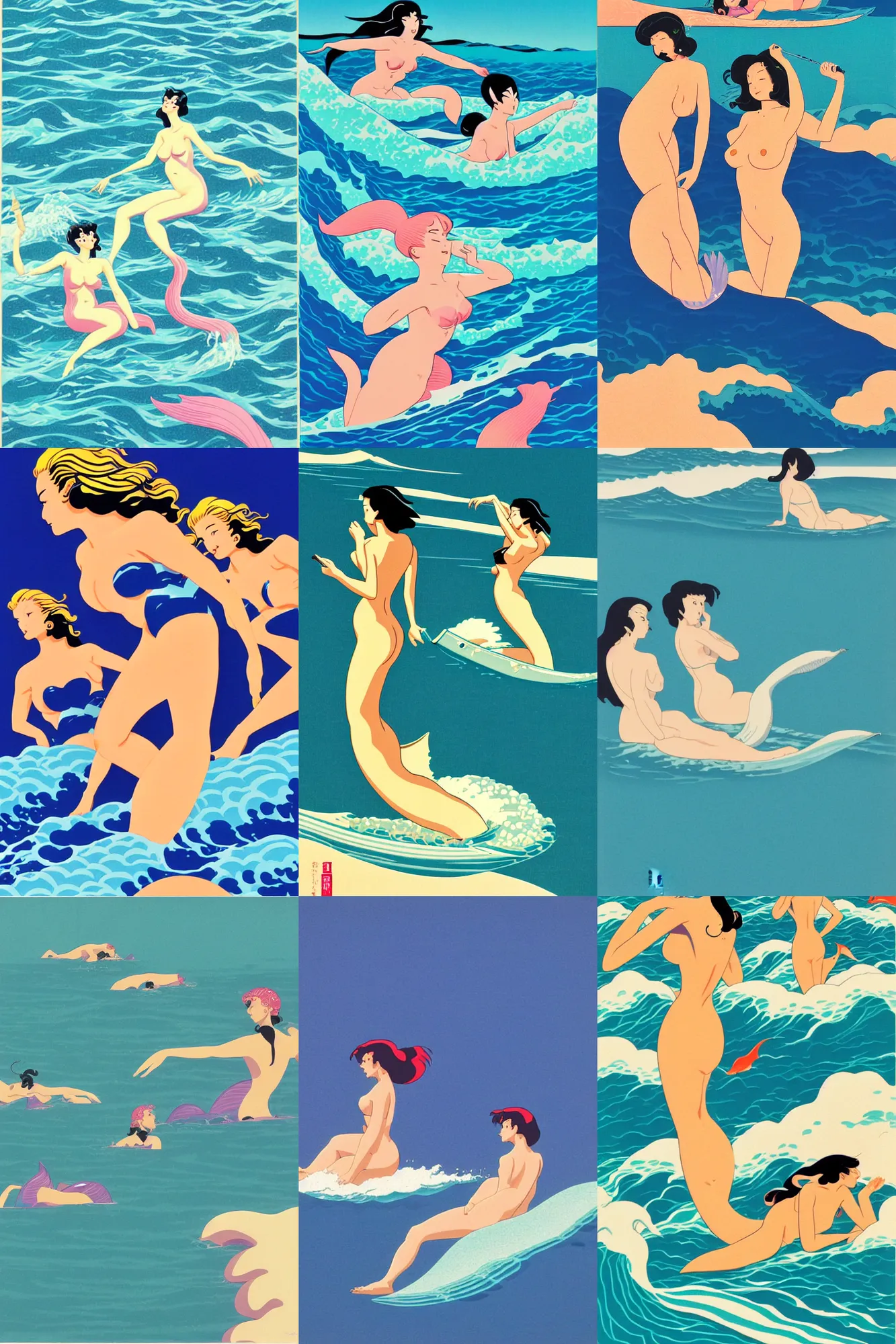 Prompt: Mermaids on a wave by Hiroshi Nagai