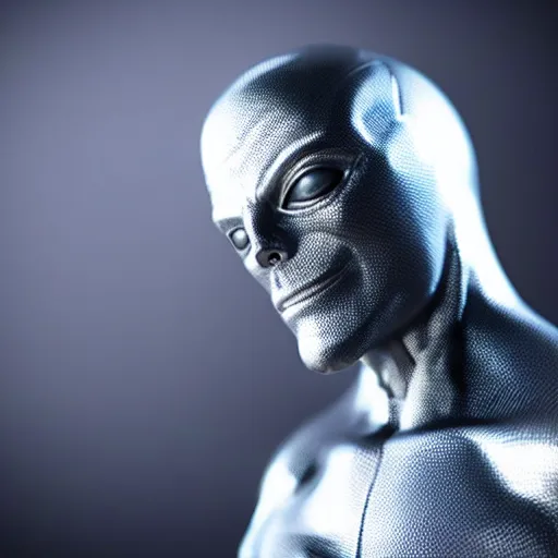 Prompt: still photo of silver surfer, highly detailed, photorealistic portrait, bright studio setting, studio lighting, crisp quality and light reflections, unreal engine 5 quality render