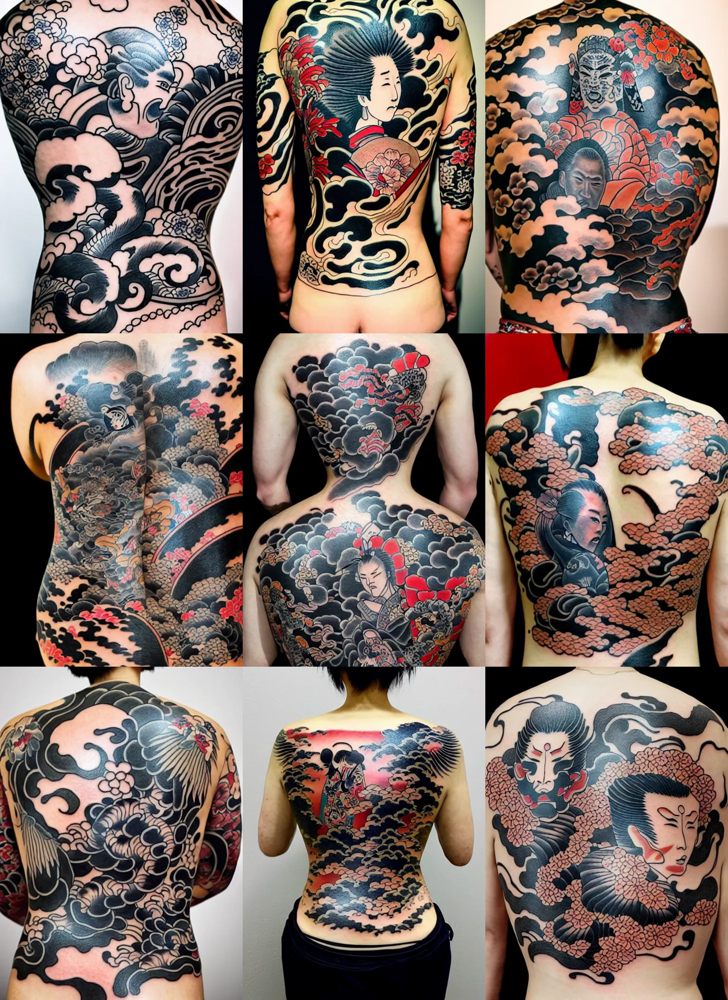 Prompt: the back of a japanese woman with irezumi tattoos with intricate designs with tigers and christopher walken as a samurai, amazing detail, sharp, dynamic lighting