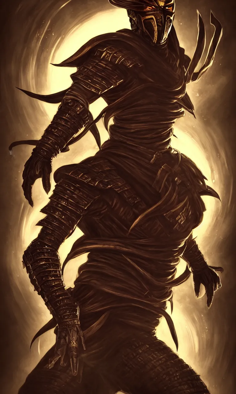 Image similar to portrait of hanzo hasashi scorpion from mortal kombat in the gates of a portal, full body shot, camera pulled back far, highly detailed dramatic lighting, artstation, atmospheric perspective, artgerm, mk ninja, epic ninja suit, intense contrast, 3 light sources, by lee bermejo, alphonse mucha and greg rutkowski