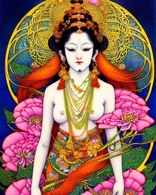 Prompt: beautiful and playful ethereal ginger hindu goddess, art nouveau, fantasy, intricate japanese flower designs, elegant, highly detailed, sharp focus, art by chie yoshii