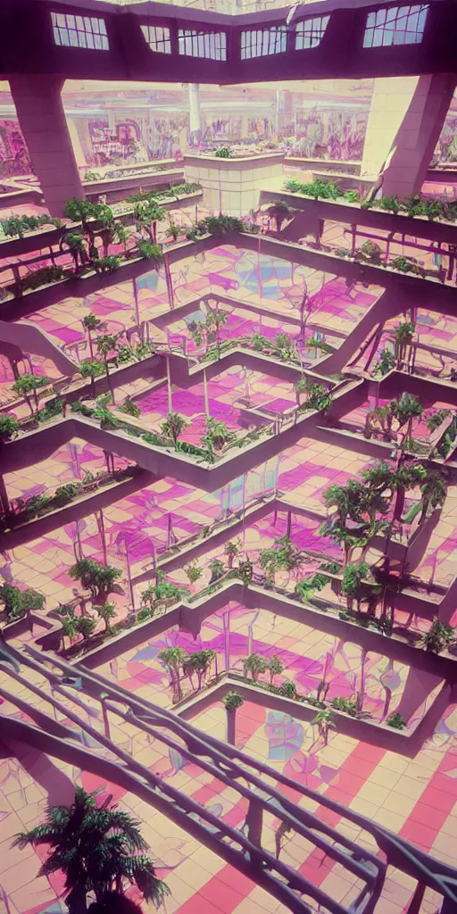 Image similar to huge sprawling gargantuan angular dimension of infinite indoor landscape 8 0 s mall interior. surrealism, mallsoft, vaporwave. muted colors, 8 0 s pop culture, food court, shot from above, endless, never - ending epic scale by escher and ricardo bofill