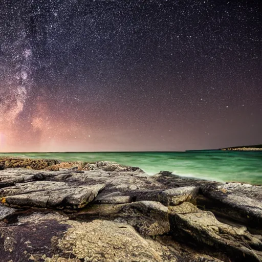 Prompt: rocky shore of the Bruce Peninsula on a starry night