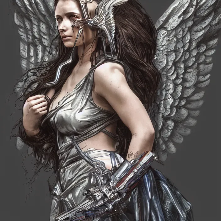 Prompt: Frightening biblically accurate angel with cyberpunk wings, digital painting, 4k, HDR, concept art, detailed wings, smooth, sharp focus, illustration, art by Artgerm, H R Giger and Alphonse Mucha