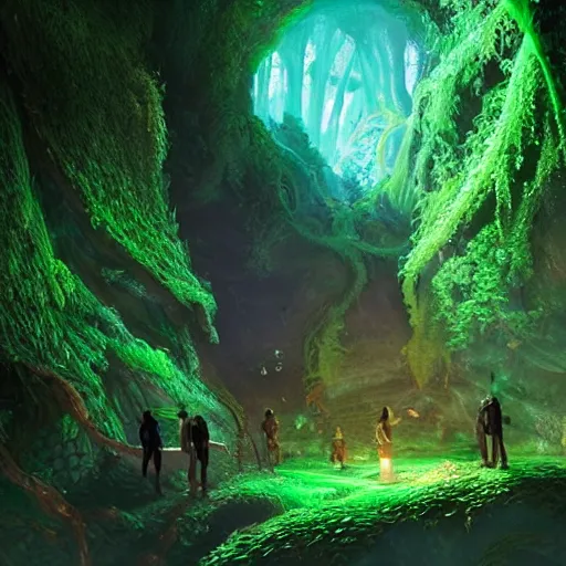 Image similar to looking into lush cave with glowing emeralds and vines hanging from the ceiling, sharp focus, cinematic light, artgerm, cgsociety, highly detailed