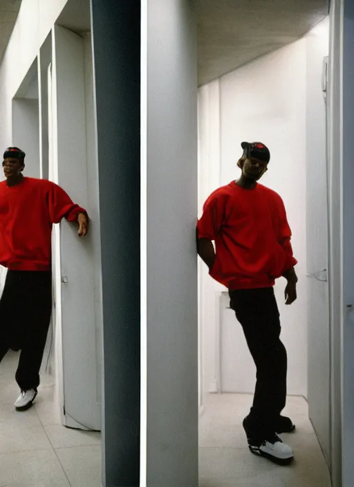 Image similar to Portrait of a 1990s Philadelphia b-boy looking back while exiting his brutalist apartment, hand on the doorknob, photographed for Reuters, Kodak Portra 400, 25mm f/1.8, light diffusion, contrast, film grain, 8k archival print, after Petrus van Schendel