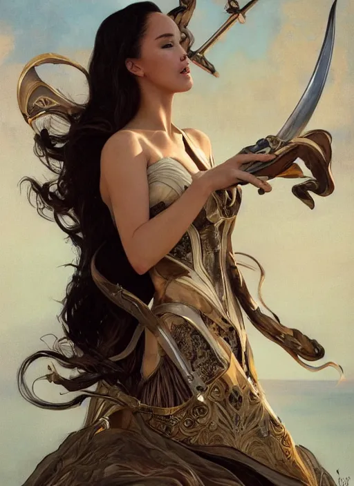 Image similar to portrait of Catriona Gray as a ever reaching swashbuckling Goddess of despair, a futuristic diety, fantasy, intricate, elegant, human anatomy, natural light, golden hour, highly detailed, digital painting, artstation, concept art, smooth, sharp focus, illustration, art by brom, tian zi and WLOP and alphonse mucha, masterpiece, 3d blender, mitch foust, Clyde Caldwell