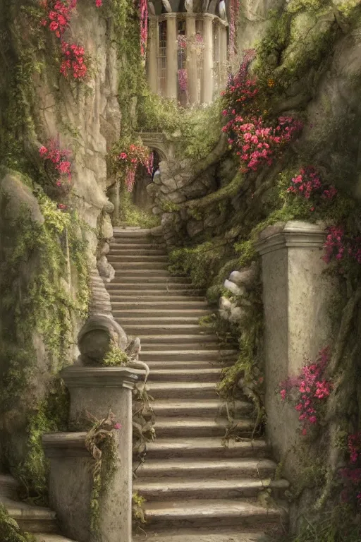 Prompt: matte glossy painting of stone steps fantasy leading do a fantasy door opening flowers, thorns roots along the steps, artstation by emilia dziubak, will terry, greg olsen, chris mars, ann long, and mark brooks, gret ritkowski dramatic, neo classical architecture, colorful architecture