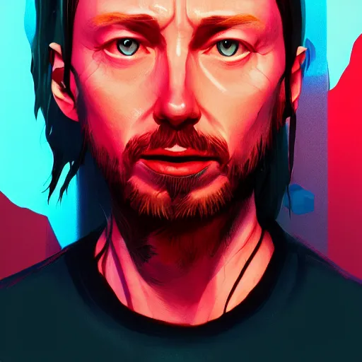 Image similar to Portrait of Thom Yorke half-human half-robot, mattepainting concept Blizzard pixar maya engine on stylized background splash comics global illumination lighting artstation lois van baarle, ilya kuvshinov, rossdraws