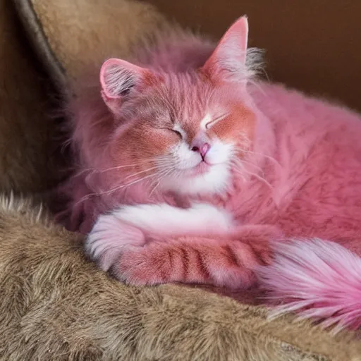 Image similar to pink furred cat sleeping in a fluffy bed