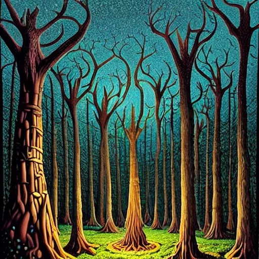 Image similar to an ancient druidic village in the woods, painting by jeffrey smith