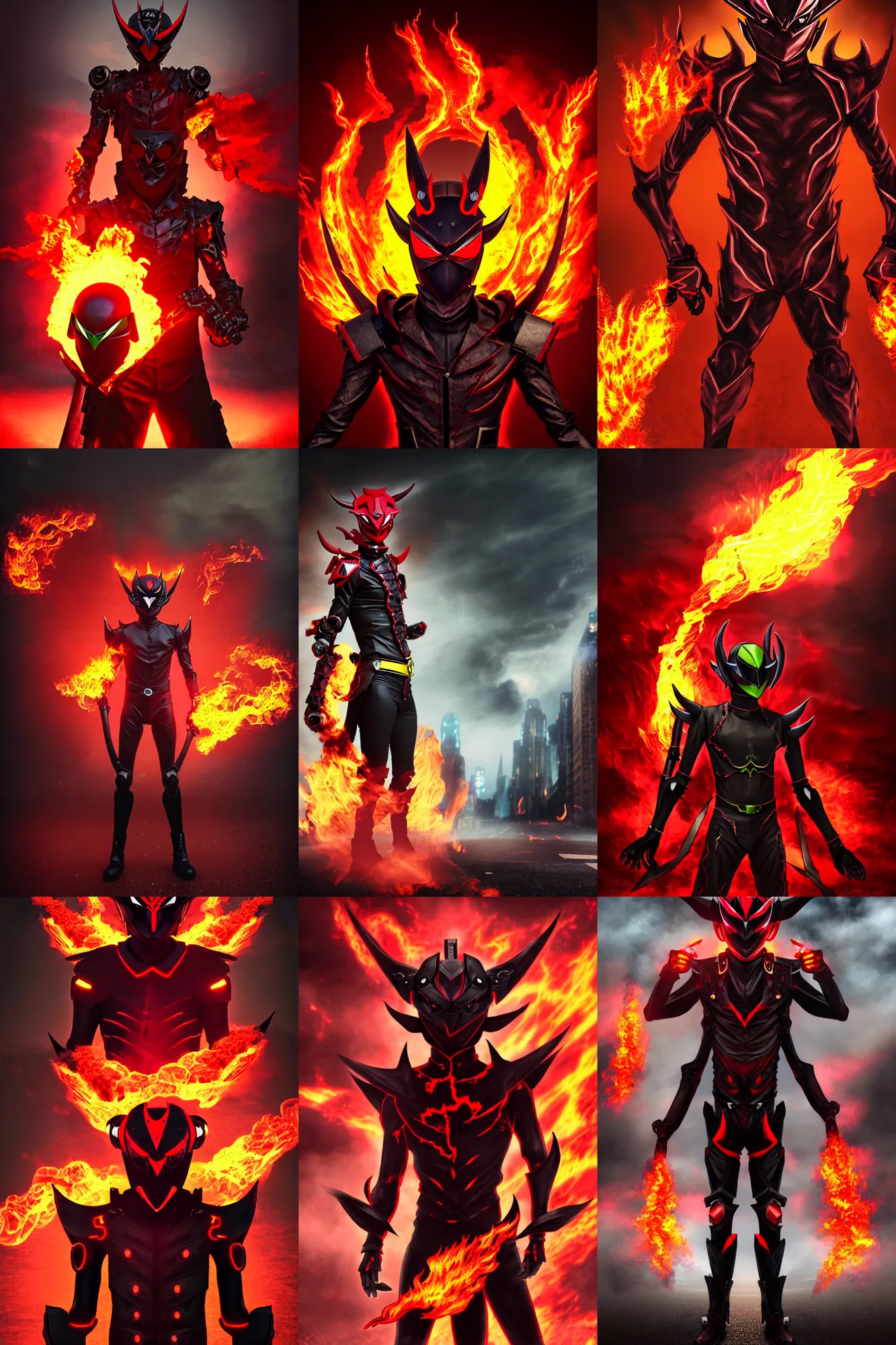 Prompt: character portrait of a demonic kamen rider with a demon helmet and fire eyes doing a henshin pose standing in a desolate city street, wielding fire, monster made out of fire in the background, matte painting, dramatic lighting, 8 k, rubber suit, digital painting, concept art, muted colors, red colors, moody colors, broken pipes, in the style of frank frazetta