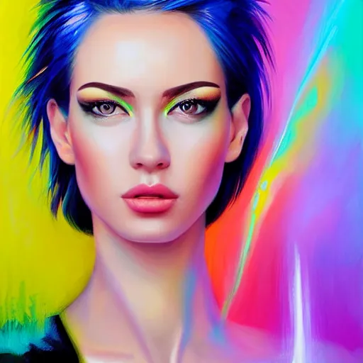 Prompt: hyperrealistic oil painting of electric woman, cute - fine - face, pretty face, oil slick hair, realistic shaded perfect face, extremely fine details, realistic shaded lighting, dynamic background, artgerm, 8 k ultra realistic, highly detailed, art by joi rudin