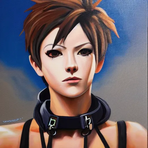 Image similar to oil painting of tracer overwatch in a field wearing spiked collar around neck, in style of steve henderson, wearing black choker, expressive face, detailed face, detailed eyes, full body, feminine face, tracer overwatch,