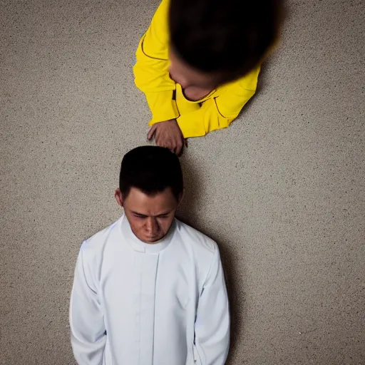 Prompt: A terrified young catholic priest wearing white kneeled in passionate prayer. His eyes are wide open with fear. Ominous dramatic yellow lighting. Close-up shot from above, 4K photograph, 85mm sigma